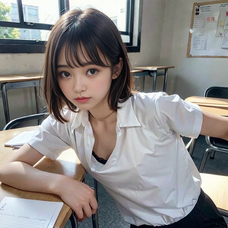 Down blouse,  female student , munechira,(((Small breasts))), avert your eyes, Leaning forward,Bend your body forward , From side to top , close, necklace ,In the classroom,Short sleeve white school blouse shirt, Detailed chest , short hair,Sit on a chair and write in a notepad,,8k, Highest quality, masterpiece, Ultra-high resolution, (realism: 1.4), Original photo, (Real skin texture: 1.3