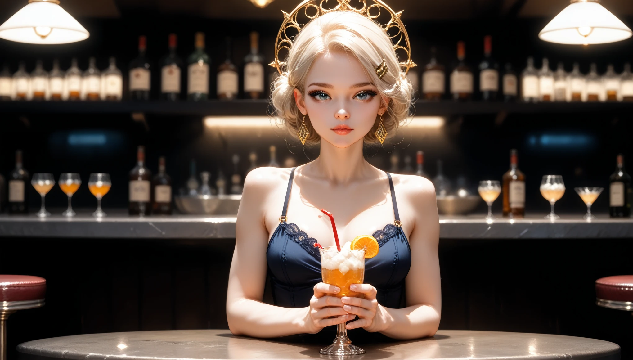 8 K, Best quality, Delicate facial features, light makeup, Some Jewelry, Stylish Hair Clip, True skin shine, cute girl, shy, facing the camera, A girl sits at a bar in a black blouse with a beautiful pattern and tight jeans, clear the panel background, looking out over the sea, Hands on the bar counter, drinks a cocktail, hips, slender body, 24 years, charming, seductive eyes, Clear drawing of details, Shine, cinematic film still,score_9,score_8_up,score_7_up,dramatic lighting,highly detailed,high budget,bokeh,cinemascope,moody,epic,gorgeous,film grain,grainy,masterpiece,best quality,perfect anatomy,very aesthetic,official art,8k, bright colors, A clear picture, The entire image is whole, All according to the Author, masterpiece, Accurate result completed, Highest quality processing,