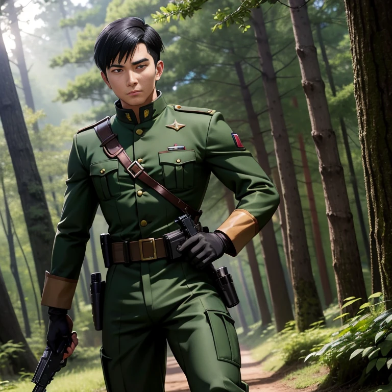anime、Zeon Army soldiers、30 years old,One Man,、Dark green military uniform、White tights、Shocker Belt、Black gloves、Brown boots、With a handgun on his hip、In the woods、Jumping Kick logic, ,Black Hair。Pretty short and even shorter short hair、Handsome soldier Asian Face The crotch area of my pants is bulging