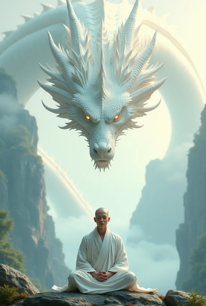 A monk meditating below a white colour dragon