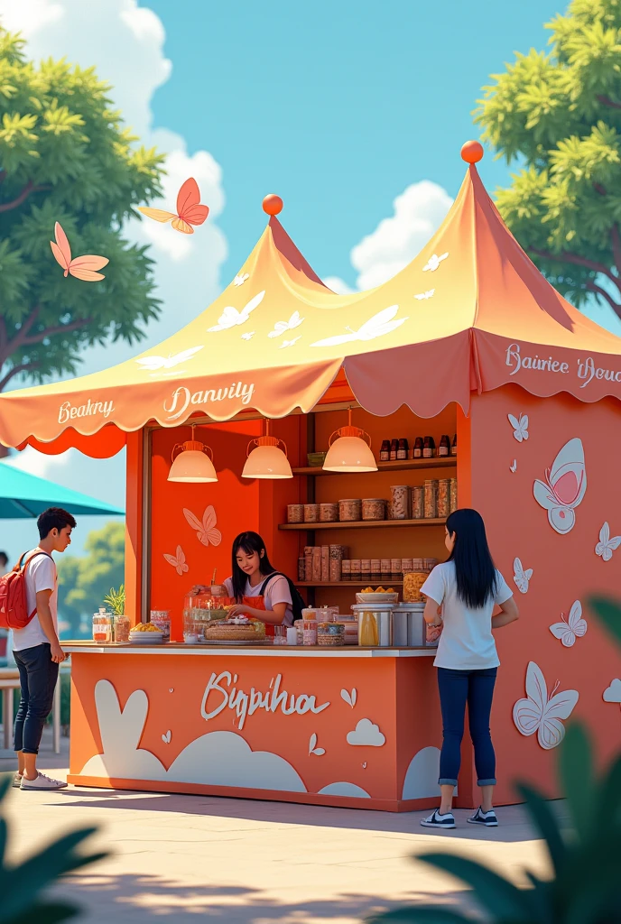 Budget friendly design school Tent booth selling siomai and drinks with a design of butterfly, coquette, jpia, next euphoria 