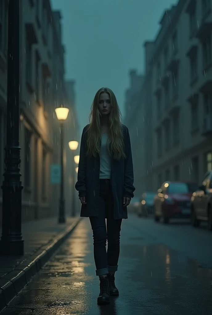 A 21 year old girl, blonde hair alone in the dark in the rain