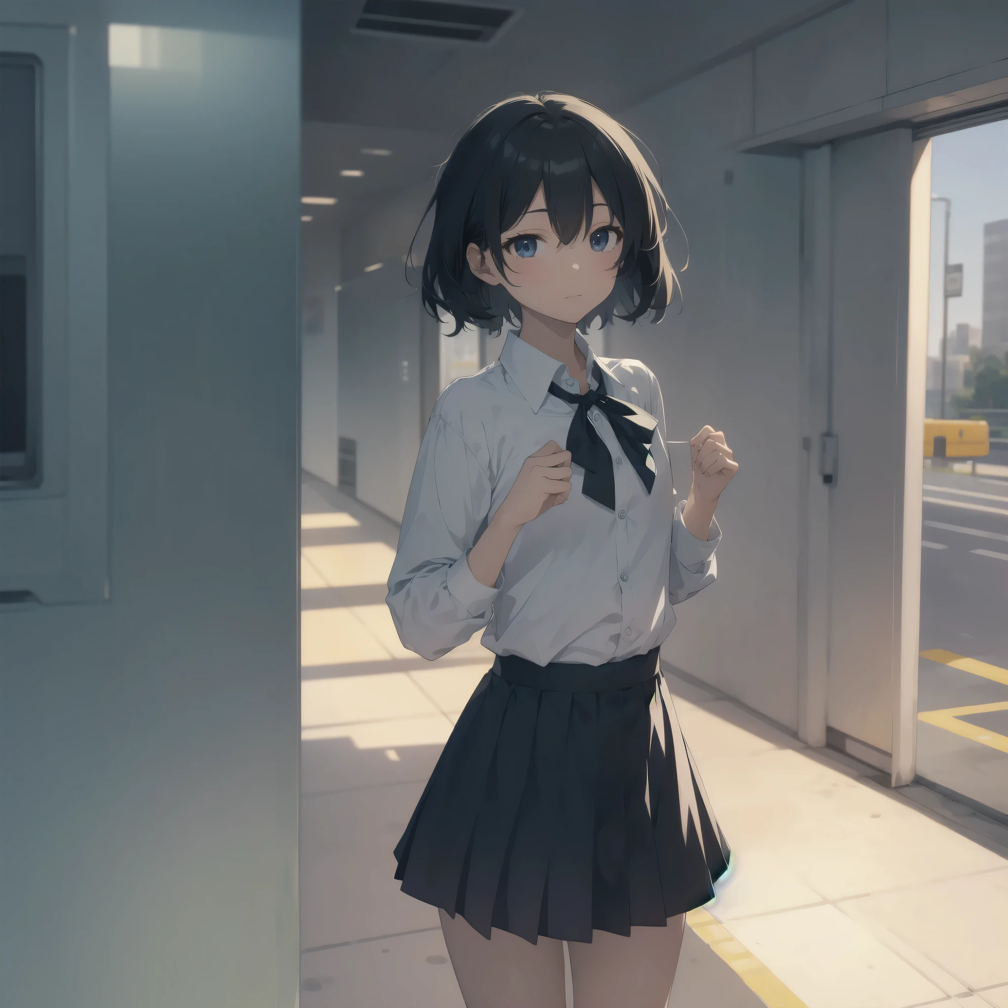 ultra-absurdres-Top quality by artist God, ultra-detailed, high resolution, anime moe artstyle, best anime 8k konachan wallpaper, pixiv contest winner, pool:2810, perfect anatomy,break, 1girl, (Please draw a girl walking sleepily to school alone. )break,(Solo,little female, 13-year-old:1.3),Full limbs, complete fingers,a junior high school student, (very short hair), short cut, flat chest, , small butt, small black eyes, beautiful detailed eyes, well-proportioned iris and pupils, expressive eyes, highres detailed hair, soft expression, salor school_uniform, sailor collar, serahuku, bow, pleated skirt,(Detailed Lighting), (Detailed background), in the School commute route. break,super detailed skin, Best cinematic lighting powered by famous artist, 8k,beauty illustration,photoshop_(medium),very aesthetic,break,((artist:izumi_tsubasu )), artist:clamp ,artist:carnelian ,artist:kantoku ,
