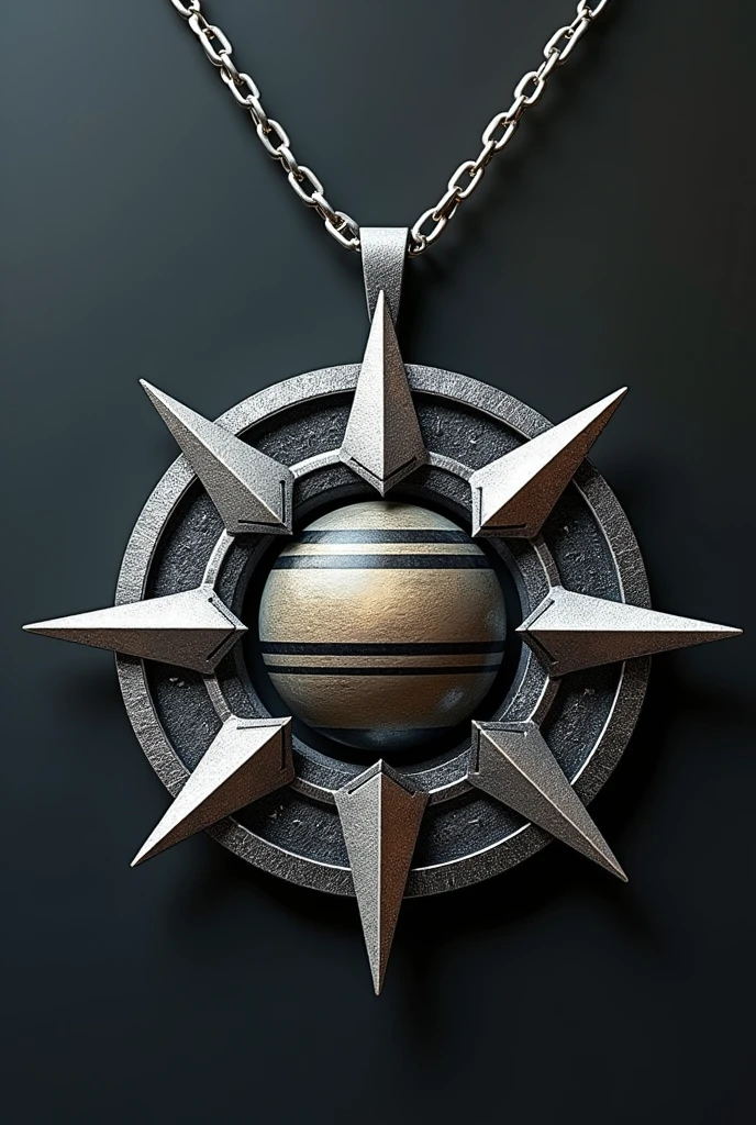 A silver necklace with a pendant shaped like a sun with 8 points resembling the sun's rays as symmetrically located triangles, 4 of those rays are a little bigger than the others, Surrounding the outline of the circle of the sun without counting the points, add the ring so that it also looks like Saturn., Inside is Pluto with two stripes resembling the planet. Inside is a half moon. Don&#39;t forget Saturn&#39;s ring.
