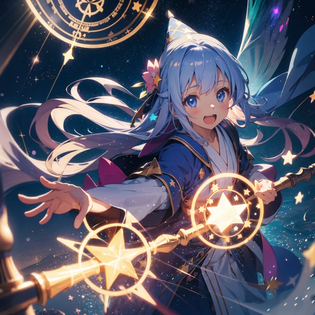 anime, cute girl, wizard hat, robe, holding ancient staff, happy, magic circle, midnight, bloom, ambient occlusion, glow, glowing lights, light particles, bokeh, star, twinkles, transparent, translucent