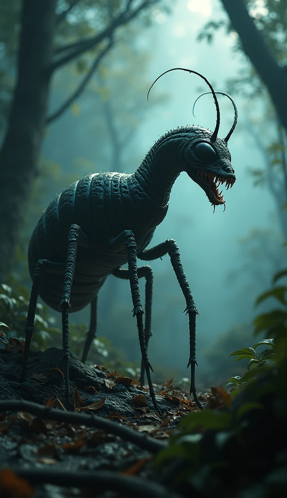 Ant and snake hybrid combination result,background forest,sky dark