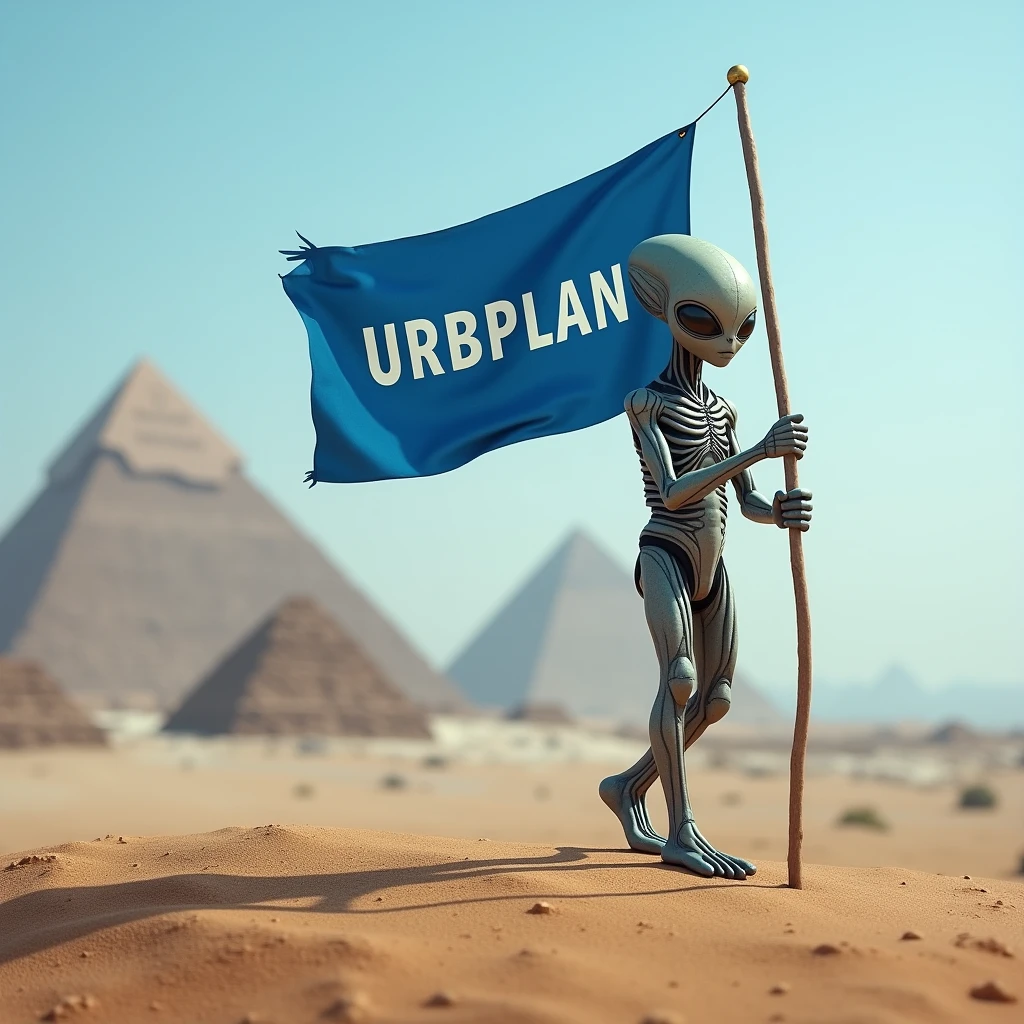 high resolution, Realistic 4K image of an alien carrying a blue flag with white writing "URBPLAN". In the background are the pyramids of Egypt.
Image should contain predominant colors in shades of blue