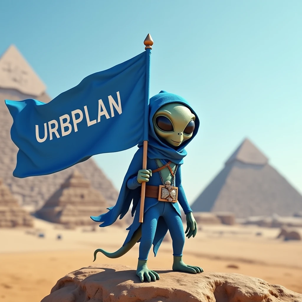 high resolution, Realistic 4K image of an alien carrying a blue flag with white writing "URBPLAN". In the background are the pyramids of Egypt.
Image should contain predominant colors in shades of blue