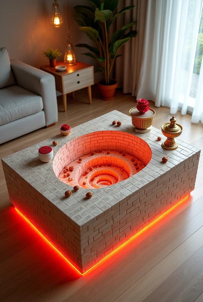 A small, square coffee table handcrafted with a two-way mirror glass surface that creates a mesmerizing visual effect resembling an endless tunnel, a deep well, and an unending stairway. Illuminated from within by warm red LED lights.. The sides are covered with brick wallpaper that simulates the look of 3D textured wallpaper.. The table is decorated with simple decorations such as golden pedestals, small flowers, a cake and nuts, and contains a red rose and a tea cup. . The table is placed on a light-colored wooden floor.. The table design combines simplicity and elegance with a touch of modernity, making it a distinctive piece of art in any room or living room.