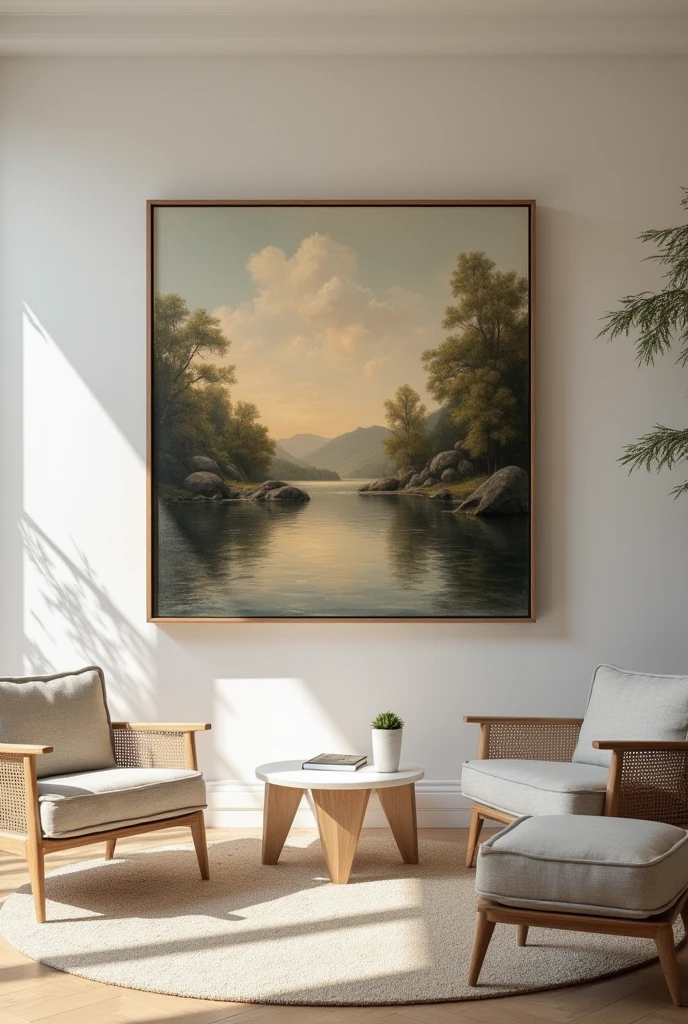 Vintage Art Appreciation: Showcase a vintage painting in a well-lit room with minimalistic decor, suggesting how it enhances any living space.