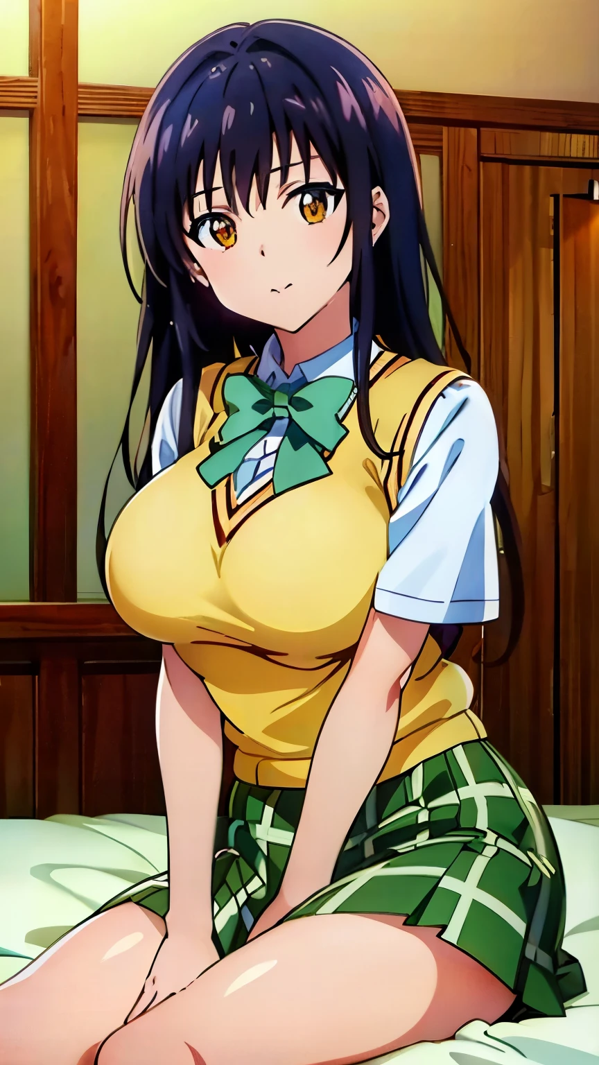 (masterpiece, Highest image quality, highest quality, 8k:1.3), (anime:1.2), Yui, Yellow sweater vest, white shirt, short sleeve, green bow tie, plaid mini skirt, big breasts, vivid color,(indoor, Bedroom;1.3), blue sky, sitting on the bed,embarrassing, looking at the viewer, cowboy shot, head tilt