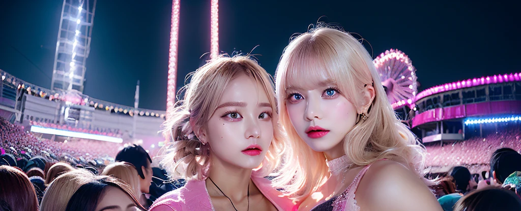 japanese pretty girl, fashion, blonde hair, pink highlight hair, cute, eye contact, masterpiece, pretty girl group, group of 3 girls, sexy outfit, cute smile