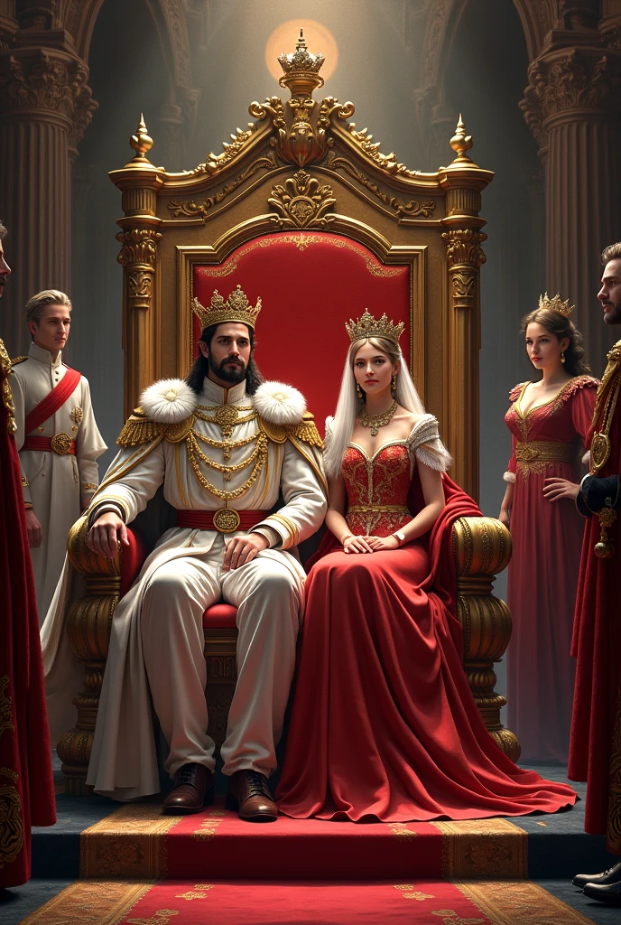 gumawa ng picture na may hari at reynang nakaupo sa crown seat. sa likod ng hari ay isang prinsepe kasama ang kaniyang kasintahan, sa likod naman ay isang prinsepe at isang kawal