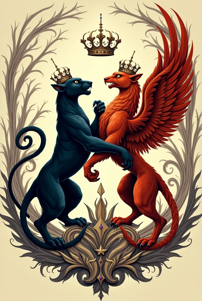 Coat of arms. A thin circle wrapped with streaks on the side. One seeming darker than the other. In the middle a black panther is standing on his back paws reaching in the air, while a phoenix flies over him while his gaze is dropped in him both holding eye contact while wearing the royal crown each.
