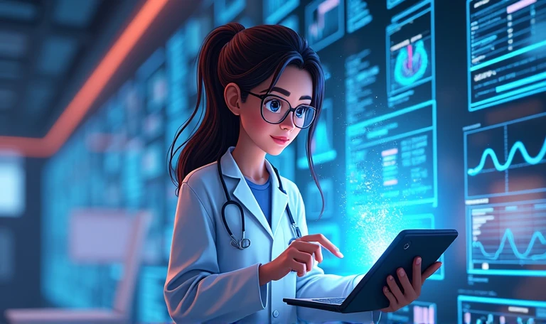 female data scientist with an ultra-modern tablet works with a huge amount of data, there are holograms with data around her, technologically advanced, cartoon style, futuristic style, bright, 3D style