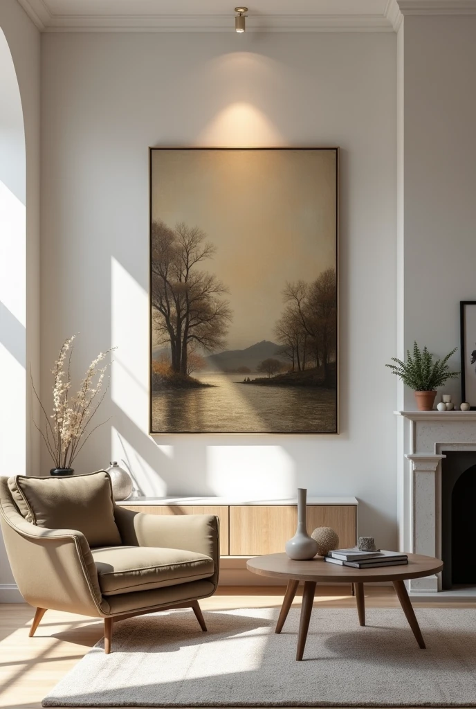 Vintage Art Appreciation: Showcase a vintage painting in a well-lit room with minimalistic decor, suggesting how it enhances any living space.