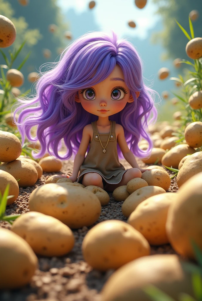 A girl with purple hair and potatoes 