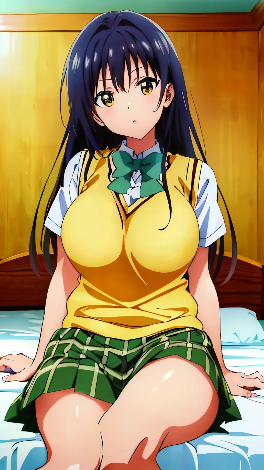 (masterpiece, Highest image quality, highest quality, 8k:1.3), (anime:1.2), Yui, Yellow sweater vest, white shirt, short sleeve, green bow tie, plaid mini skirt, big breasts, vivid color,(indoor, Bedroom;1.3), blue sky, sitting on the bed,embarrassing, looking at the viewer, cowboy shot, head tilt