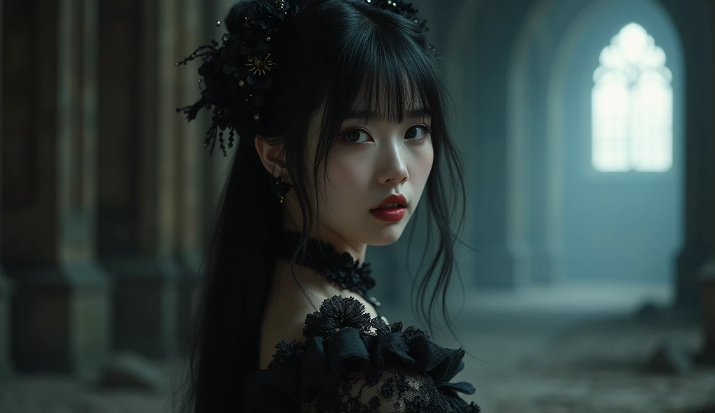 A highly detailed photorealistic image, half-body, a close up of a beautiful japanese woman, long hair with bangs, dreamy gothic girl, gothic make-up, she is a vampire, beautiful face, detailed face, elegant render, half body photo, mistress, photoshop render, cinematic lighting, ebony rococo, elegant girl, female spy, haunting beautiful young woman, detailed face, extravagant dress, beauty girl, very femenine, abandoned gothic cathedral at background, dark haze atmoosphere, ambient dust