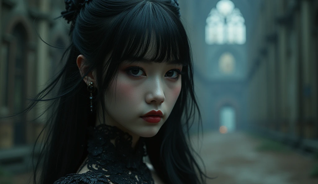 A highly detailed photorealistic image, half-body, a close up of a beautiful japanese woman, long hair with bangs, dreamy gothic girl, gothic make-up, she is a vampire, beautiful face, detailed face, elegant render, half body photo, mistress, photoshop render, cinematic lighting, ebony rococo, elegant girl, female spy, haunting beautiful young woman, detailed face, extravagant dress, beauty girl, very femenine, abandoned gothic cathedral at background, dark haze atmoosphere, ambient dust