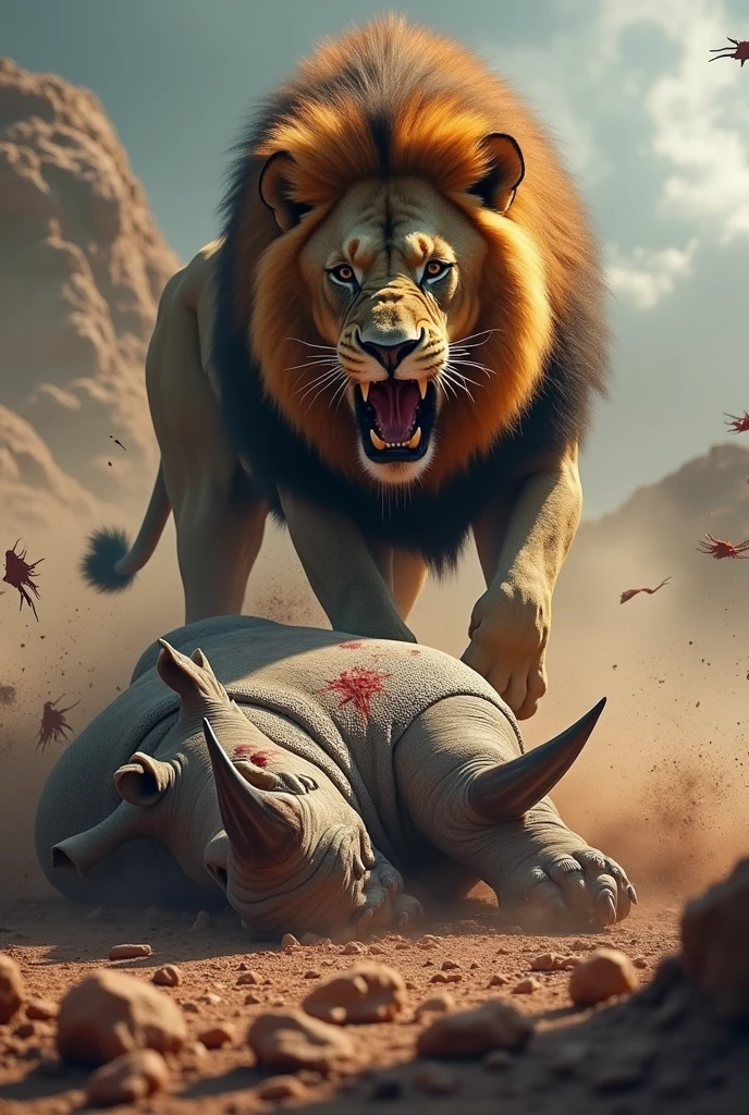 A dead rhino in front of lion killed by lion 