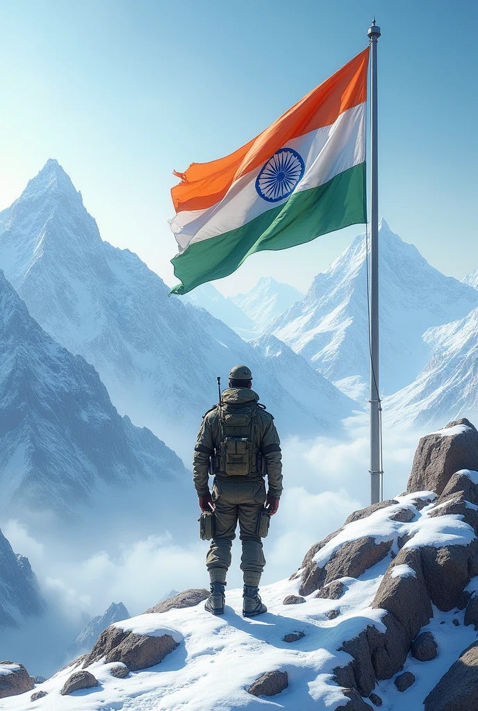 Indian flag with Indian soldier in mountain snow 