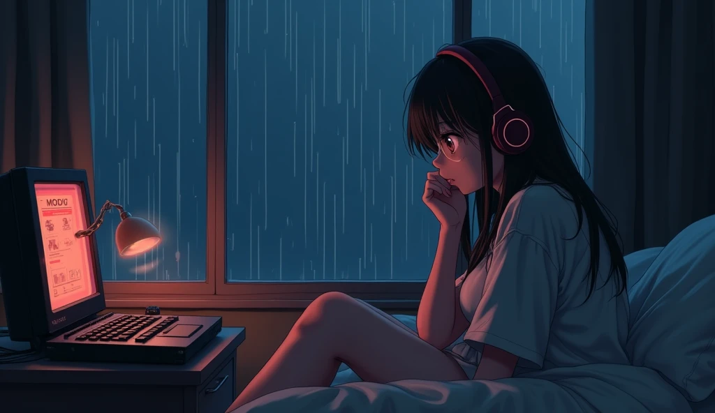 night、Listen to music in a cozy room, Use headphones, 2D Anime Style, Lo-Fi, hard disk, Dark Environment、Emo、It&#39;s raining outside、Big Breasts、You look feels good