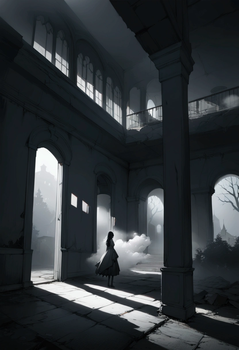 1girl, Mysterious Fog, a mysterious and eerie fog, a lone figure in the distance, dramatic lighting, moody atmosphere, detailed mist and fog, abandoned building in the background, gloomy and haunting landscape, detailed texture and rendering, cinematic composition, dramatic color palette, chiaroscuro lighting, high contrast, masterpiece, best quality, very aesthetic, absurdres