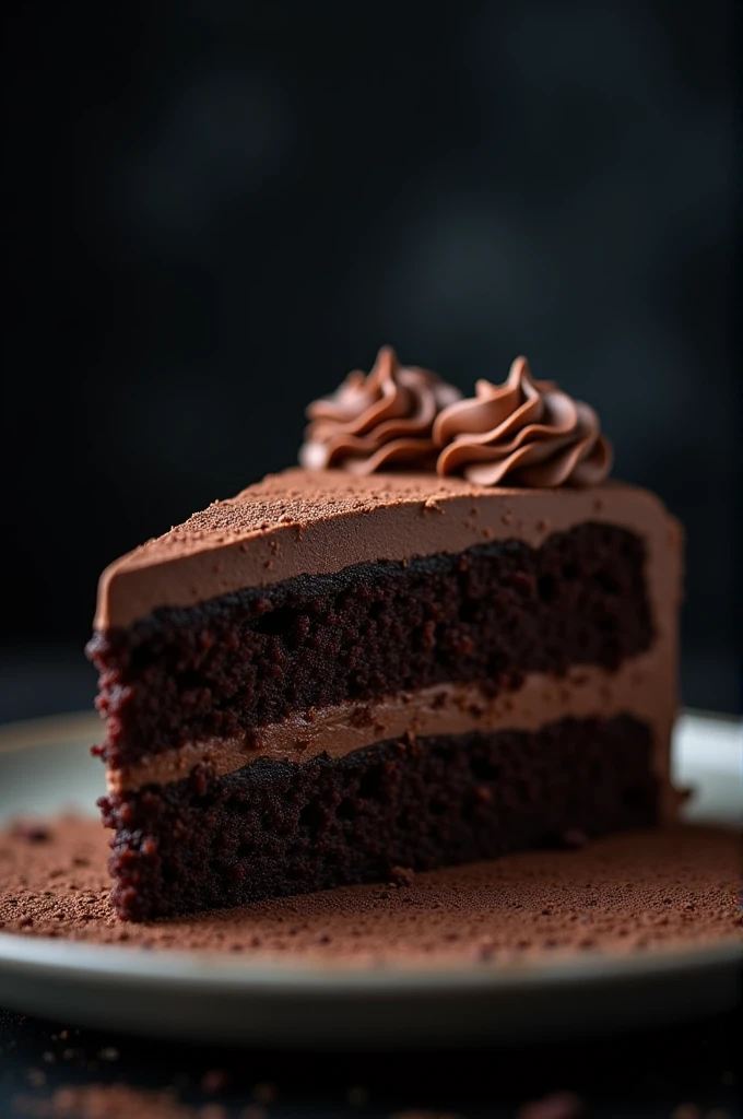 cinematic film still chocolate, chocolate cake, dark background, quality photo, moist texture, frosting, studio photo, slice . shallow depth of field, vignette, highly detailed, high budget, bokeh, cinemascope, moody, epic, gorgeous, film grain, grainy