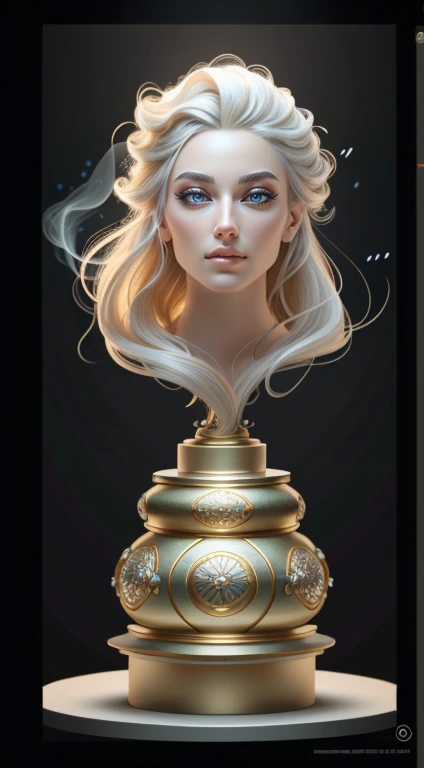 3d installation, Bust of a woman with long flowing hair, выразительная dynamics высокодетализированный идеальный прозрачный контур, made up of tiny glass dots, Smoke effect, dynamics, masterpiece, high quality, complex lighting