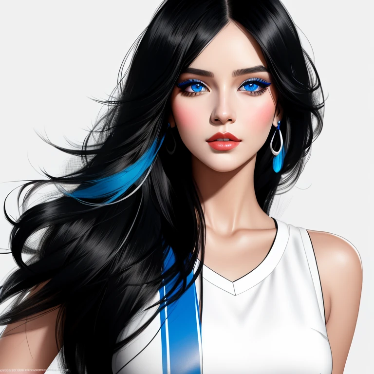 exotic model of student age with long silky silver-black hair, bright blue soft eyes, soft feminine face, in the style of Russ Mills, Mikhail Garmash, Charming sketches, mono-ha, Contemporary art, Lily Alvarado, laconic writing style,permission 8k, masterpiece, top quality