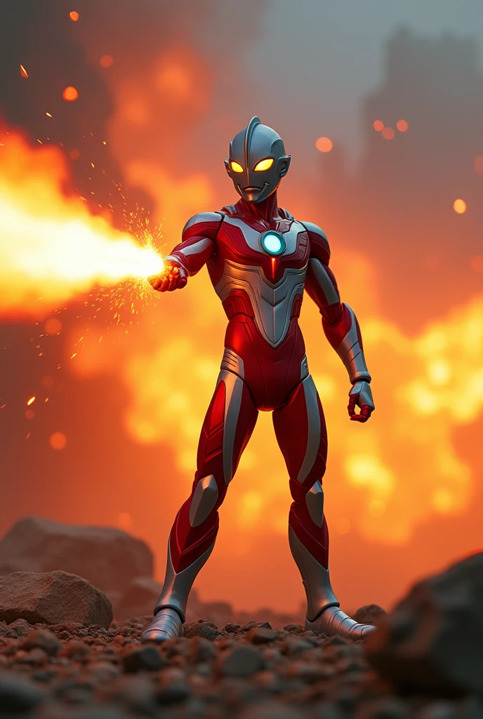 Ultraman fire laser beam with Ultraman hand iconic pose. With strong wind situation. Big blast from hand. Tilt shift photography