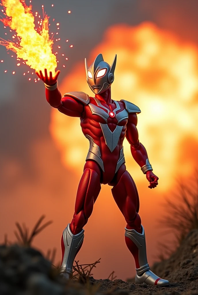 Ultraman fire laser beam with Ultraman hand iconic pose. With strong wind situation. Big blast from hand. Tilt shift photography