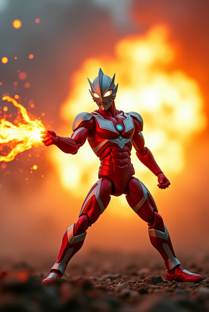 Ultraman fire laser beam with Ultraman hand iconic pose. With strong wind situation. Big blast from hand. Tilt shift photography