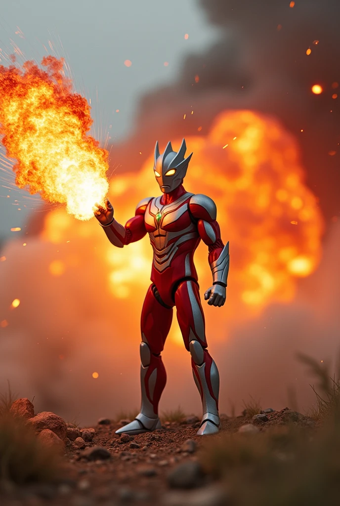 Ultraman fire laser beam with Ultraman hand iconic pose. With strong wind situation. Big blast from hand. Tilt shift photography