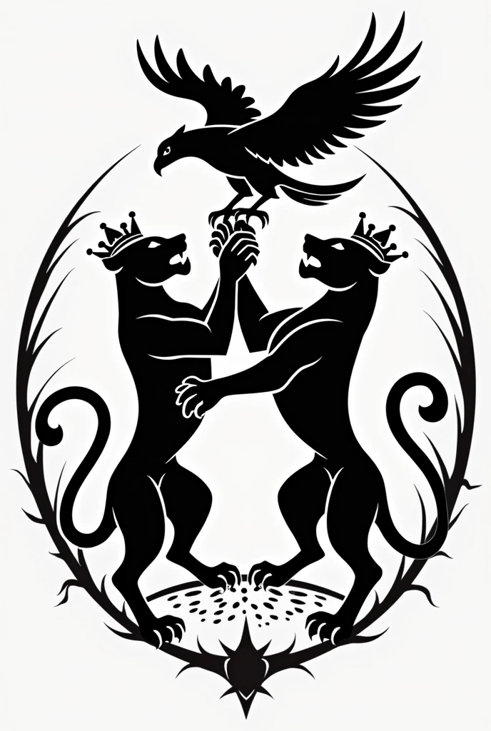 Coat of arms. A thin circle wrapped with streaks on the side. One seeming darker than the other. In the middle a black panther is standing on his back paws reaching in the air, while a phoenix flies over him. The phoenix’s gaze is dropped to the panther both holding eye contact while wearing the royal crown each.