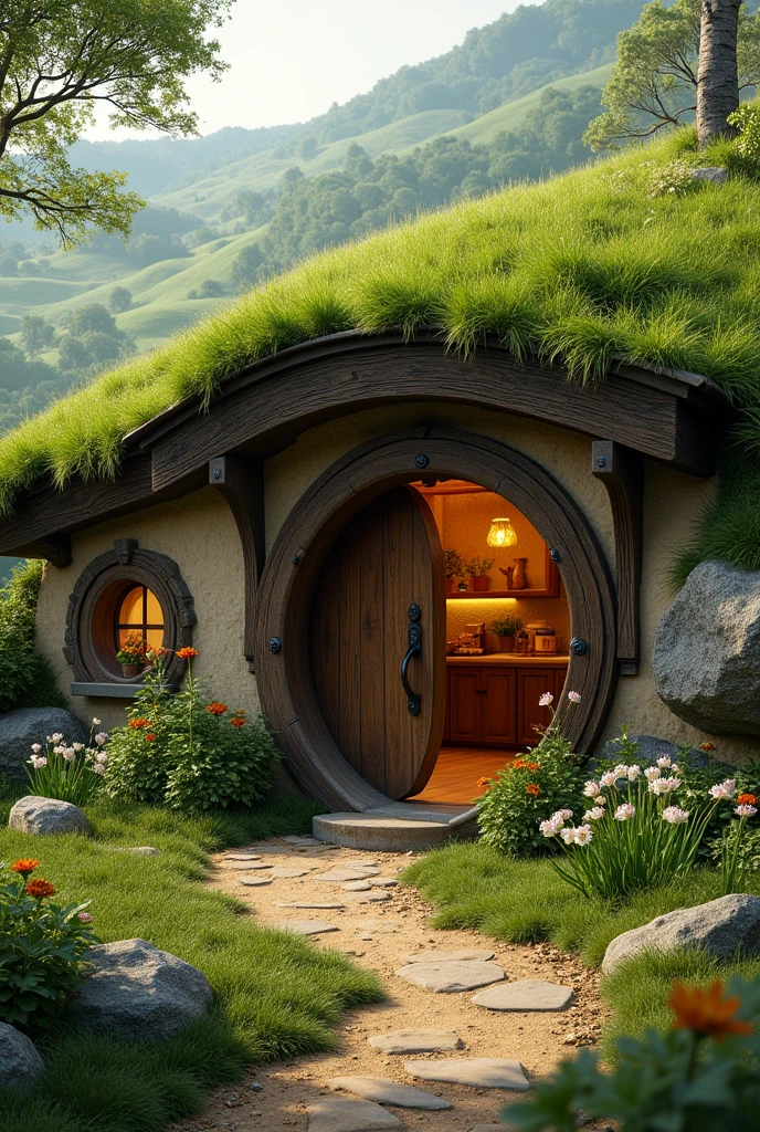 Create an image of a cozy hobbit-hole nestled in the ground. The entrance should be inviting and warm, not resembling a nasty, dirty, wet hole filled with worms or an oozy smell. Avoid depicting a dry, bare, sandy hole with no furnishings. Instead, emphasize the comfort and homeliness typical of a hobbit's dwelling. Include details that suggest warmth and coziness, such as a round door, soft lighting, and hints of nature surrounding the entrance.