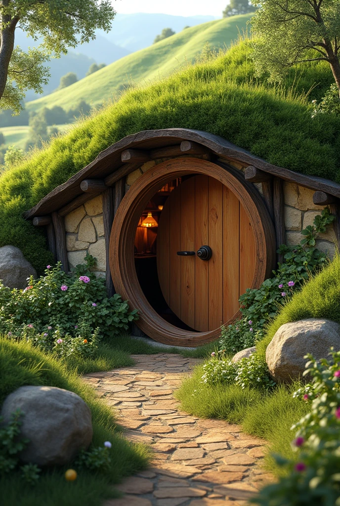 Create an image of a cozy hobbit-hole nestled in the ground. The entrance should be inviting and warm, not resembling a nasty, dirty, wet hole filled with worms or an oozy smell. Avoid depicting a dry, bare, sandy hole with no furnishings. Instead, emphasize the comfort and homeliness typical of a hobbit's dwelling. Include details that suggest warmth and coziness, such as a round door, soft lighting, and hints of nature surrounding the entrance.