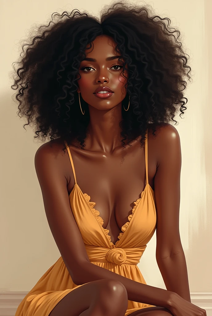 An illustrated black Brazilian woman with curly hair,  sitting in front position 

