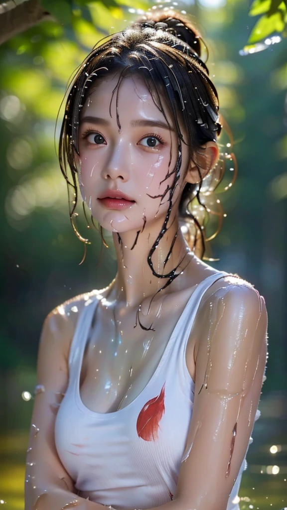 RAW photos:1.2), (realistic), ((jogging along a path)), ((Face and body soaked in water:1.3)), upper body shot, beautiful detailed girl, very detailed eyes and face, beautiful and delicate eyes, huge file size, high resolution, very detailed, best quality, very detailed, fine details, best quality, 8K wallpapers, Natural light illumination, 15-year-old sister, ((in the forest)), bright background, sleepy expression, messy hair, slim body, young face, immature body , Sunlight lighting, ((White tank top)),
