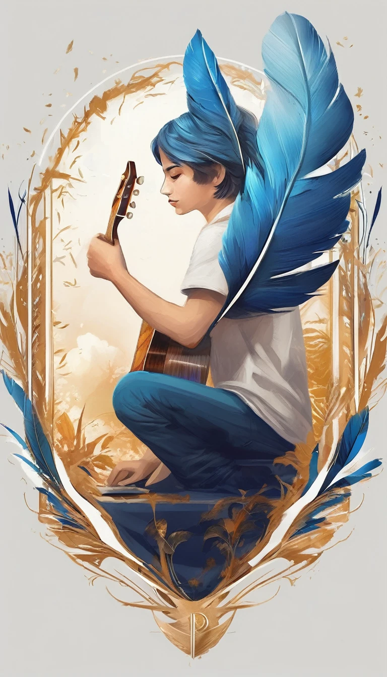 Create a cinematic, abstract symbol for a storytelling production brand based on stories and dreams called " Penamemoria". The logo should convey a fantasy theme and include the company of a boy and a feather. Fantastic, memorable, poetic, dreamy, sitting against a tree and playing guitar to a fantastic, unique, poetic white-blue-golden feather.