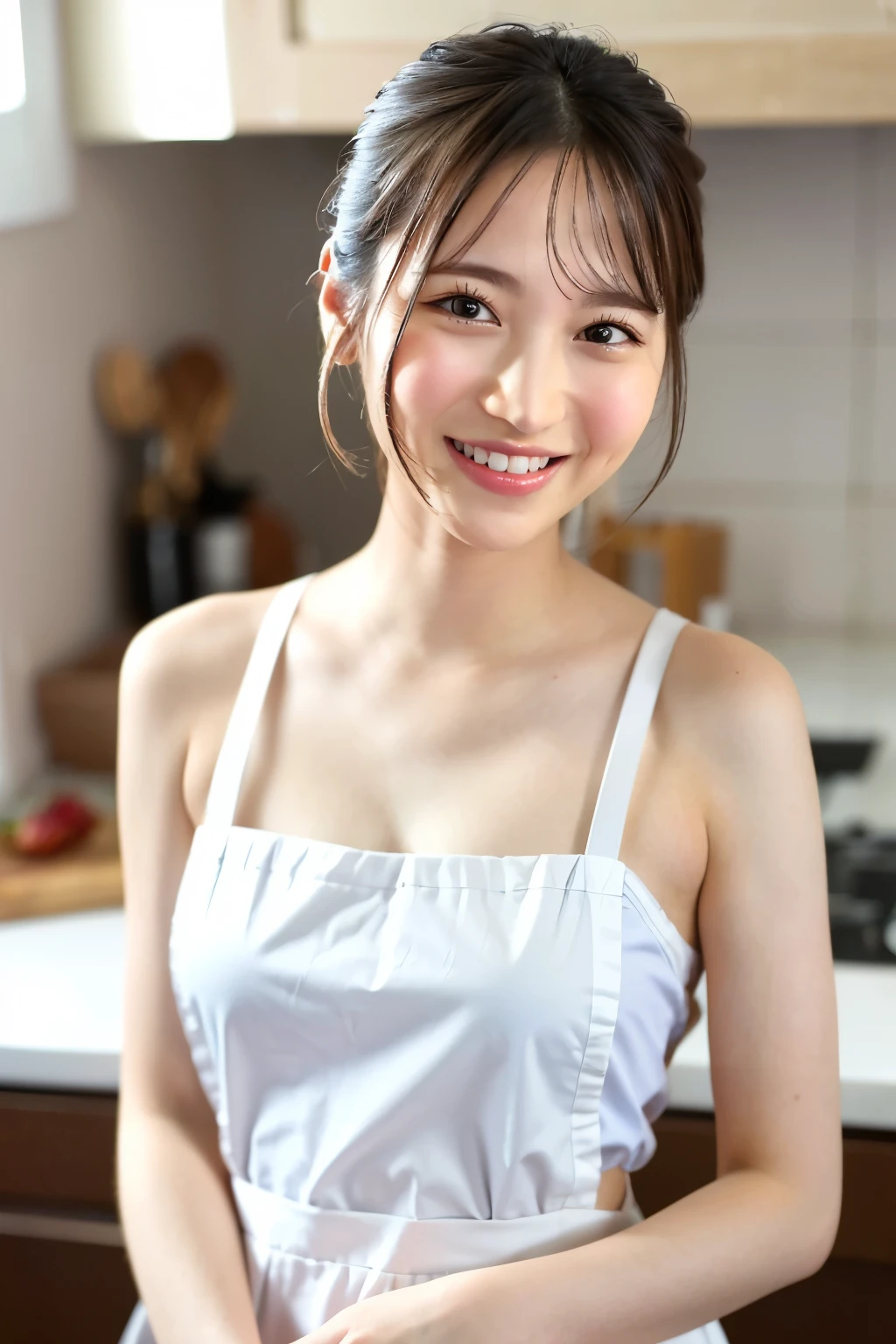 (Highest quality、Tabletop、8k、Best image quality、Award-winning works)、1. cute、(Naked and wearing only a white apron:1.1)、(The perfect pure white apron:1.1)、Perfect portrait photograph、Glowing Skin、Brown Hair、(Accentuate your body lines:1.1)、Standing Elegantly、(Face close-up:1.5)、cute笑顔、(Blurred elegant kitchen background:1.1)