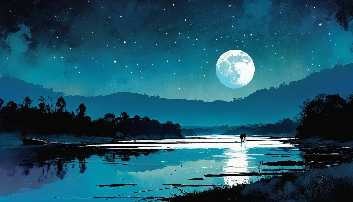 river, wonderful, Night Sky, moon, beautiful, background (Art inspired by Bill Sienkiewicz).