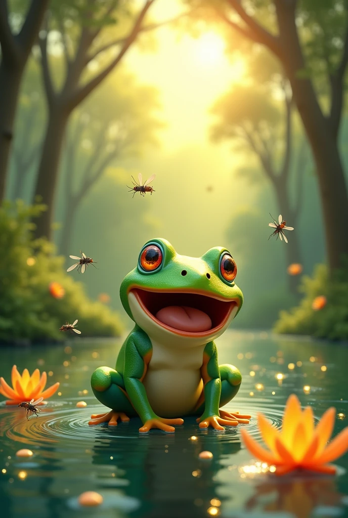 A beautiful and smiling frog, very happy and delighted in a setting full of sunshine, TREES, lake, Mosquitos, fire flies,