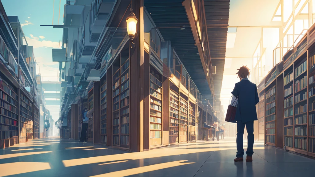 No people、Background only、Flat Line、anime、anime調、デジタルanimeアート、photograph、Back Blur、high quality、High resolution、Very detailed、Angle from the feet、library、dim、evening