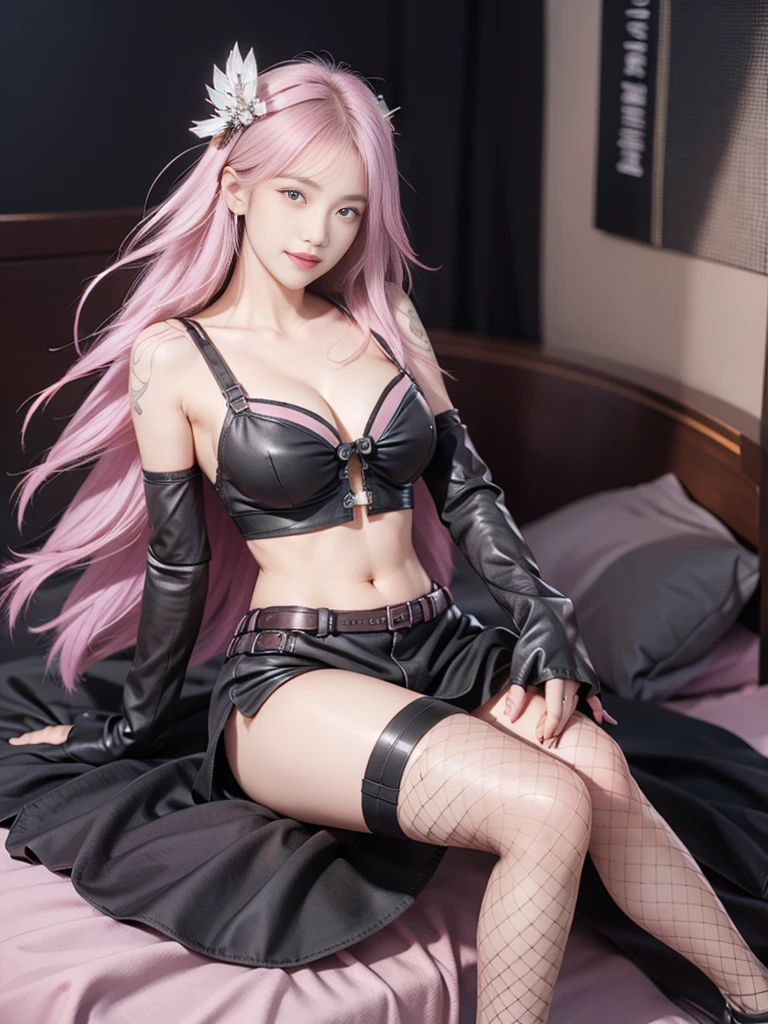 long_hair, Fishnets, thighhighs, Fishnet_legwear, tattoo,pink hair,Blue_eyes, navel, black_background, skirt, gloves, pink_hair, smile, (hair_ornament:1.1),upper body, (best quality, masterpiece:1.2), tianfeng1, Extremely detailed, (Practical:1.37), beautiful, youth, Charming female model, sweet smile, Sweetheart girl, Warm colors, ((Full body view,Bend your knees naturally,Skin is firm and smooth)), ((in old fashioned room,Sitting on a low bed,lean back,Support the body with your elbows)), ((Elegant and natural gesture)), (big eyes, Exquisite eyes, Delicate lips, Exquisite eyes), Available in white and floral pattern, Show a bright smile, fit, Full breasts, ((Large Breasts)), Long legs, Create a stunning photo of a sleeping girl