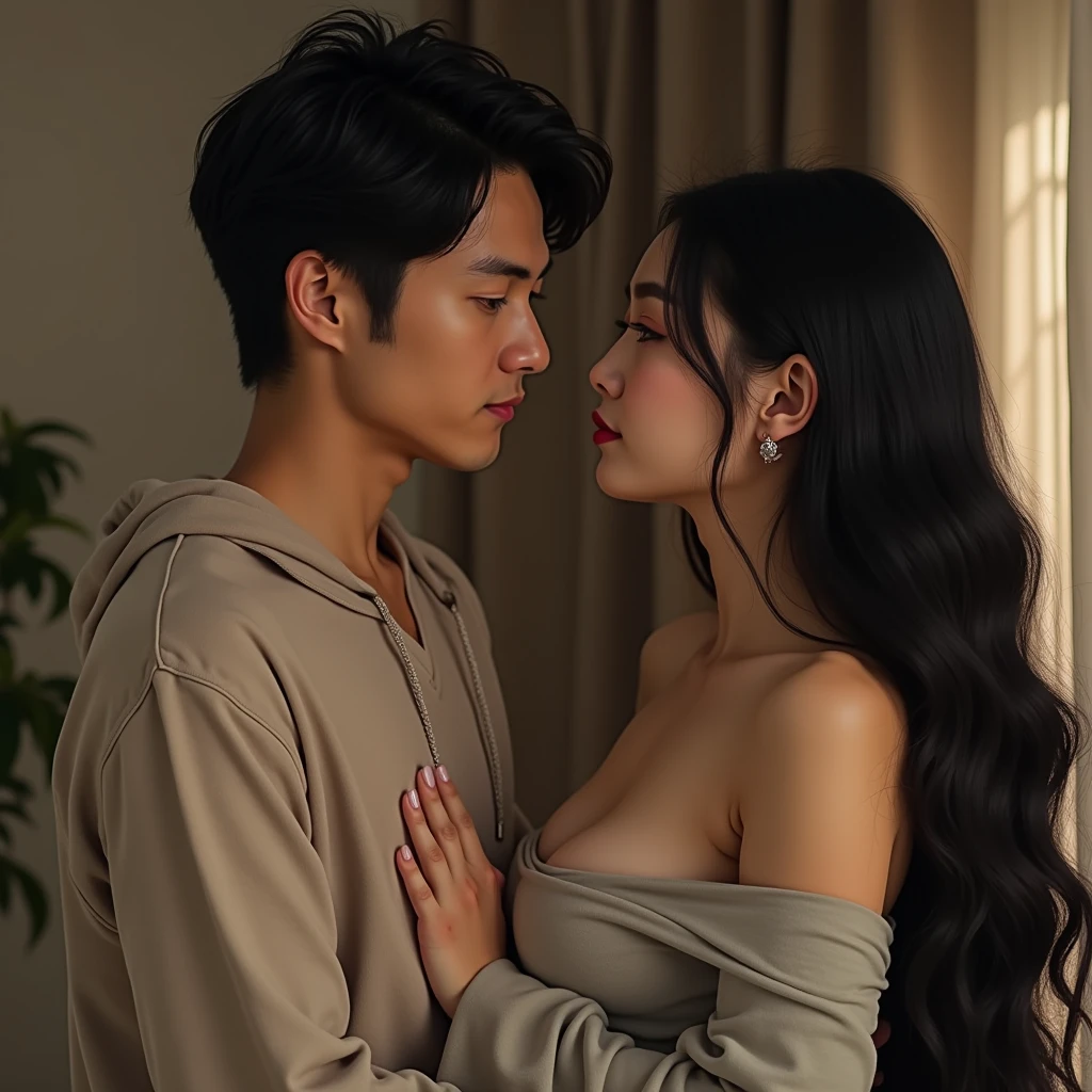 Young couple The woman has long black hair and large breasts. The man is handsome Real Asia realism indoor