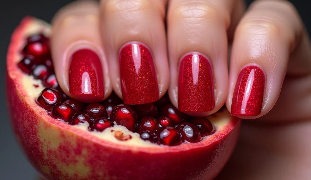 Pomegranate Perfection Nail Art: Capture the beauty of a freshly opened pomegranate with this elegant design. The center of each nail features clusters of juicy, glossy pomegranate seeds, while the background mimics the intricate, web-like structure of the fruit’s interior. The background is a deep, rich red that fades into a lighter pink towards the tips, giving the nails a multidimensional effect. The glossy finish makes the seeds appear as if they are glistening with juice.







