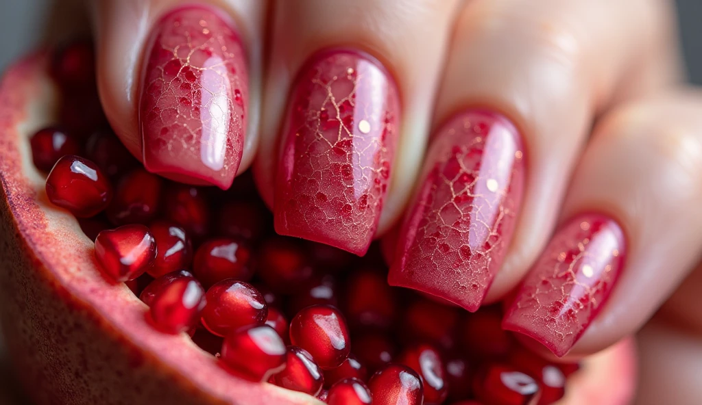 Pomegranate Perfection Nail Art: Capture the beauty of a freshly opened pomegranate with this elegant design. The center of each nail features clusters of juicy, glossy pomegranate seeds, while the background mimics the intricate, web-like structure of the fruit’s interior. The background is a deep, rich red that fades into a lighter pink towards the tips, giving the nails a multidimensional effect. The glossy finish makes the seeds appear as if they are glistening with juice.








