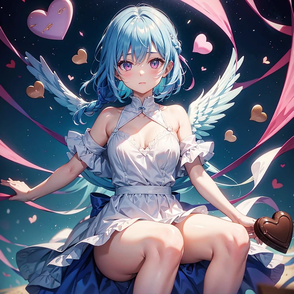 Sky blue hair、Braided Short Hair、Pink Eyes、Fair skin、whole body、One person、shy、Chocolate in the mouth、Lots of hearts in the background、(Heart-shaped chocolate)、(Chocolate Angel)、Valentine's Day、masterpiece、Highest quality、Very detailed、Best Shadow、Detailed Background、Beautifully detailed face、High Contrast、Best lighting、Very delicate and beautiful、Cinematic Light、Hyper Detail、8k、Dramatic Light、Exquisite detail、
